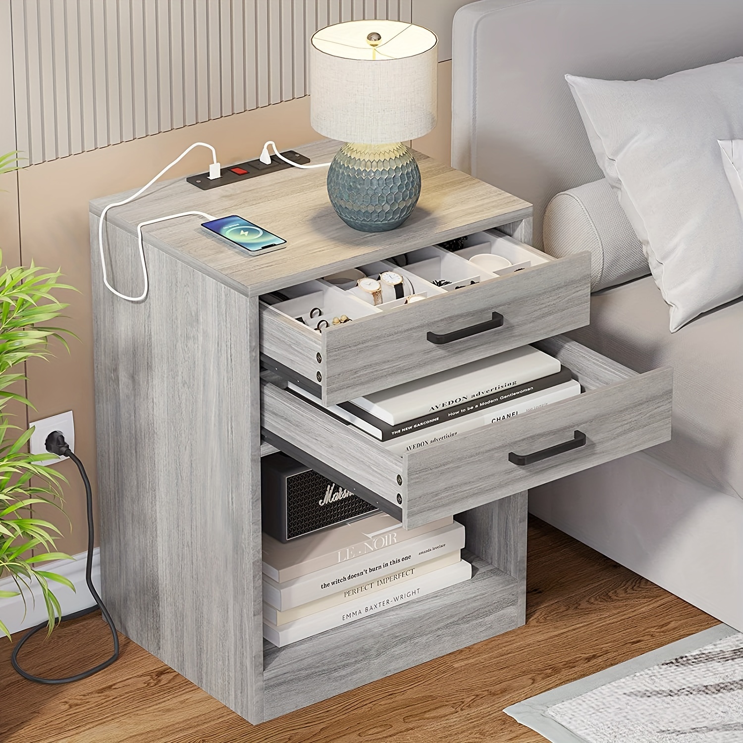 

Set Of 2 Nightstand With Charging Station For Bedroom, End Side Table With 2 Drawers For Living Room, Gray