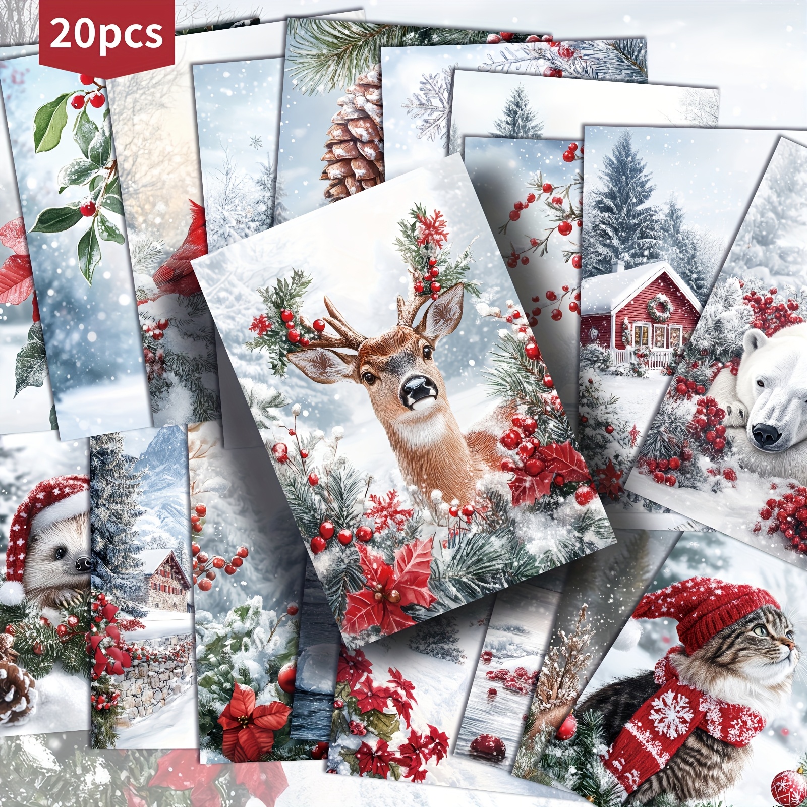 Image of 20 Pack Winter Animals Christmas Paper Postcards -4x6 Inches Winter Animals Junk Journal Paper, Classic Pinup Illustrations, Collectible Decorative Painting Cards For Scrapbooking & Crafting
