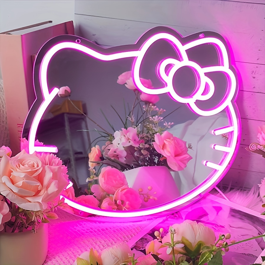 TEMU Hello Kitty Neon Sign, Usb Powered Pink Mirrored Cat Wall Mirror, Contemporary Cartoon Decor, Adjustable Lighting, Vertical Orientation, Plastic