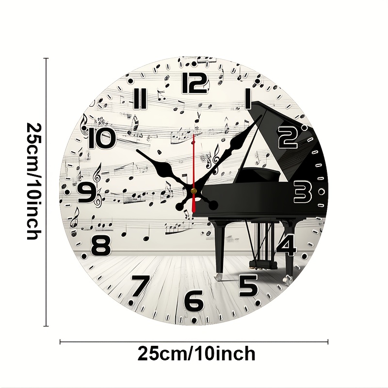 TEMU Music Theme Black And White Piano With Music Notes Backdrop Clock - 10inch Wood Veneer Europe And America Style Round Silent Flat Wall Clock -