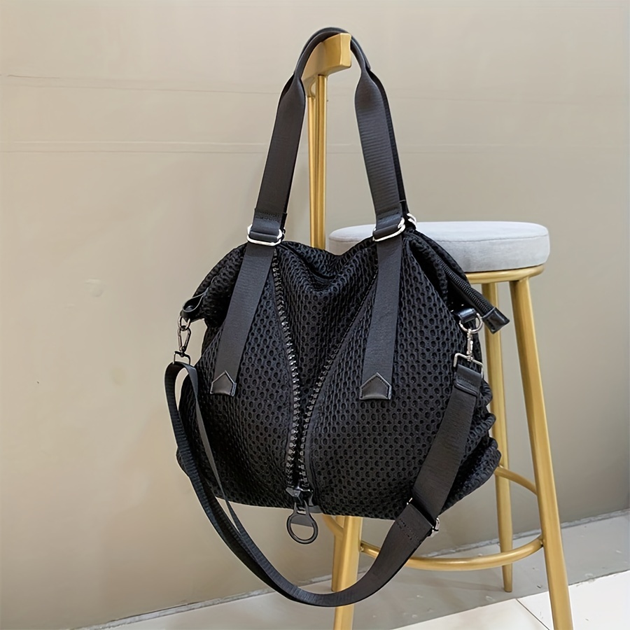 Image of Large Capacity Travel Bag, Casual Shoulder Bag With Wide Strap, Tote Bag Made Of Nylon Mesh, Big Zipper Crossbody Bag