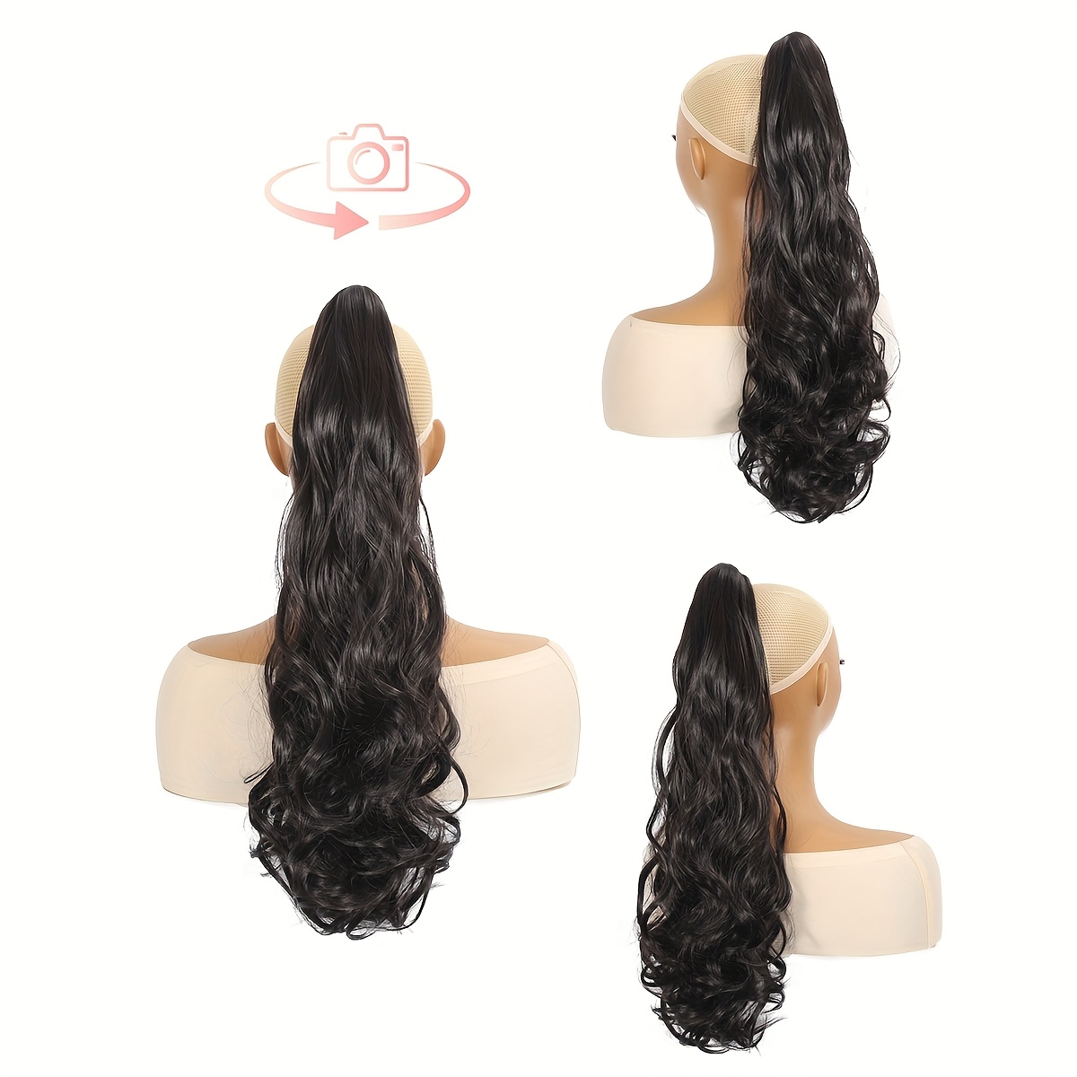22-inch clip-in ponytail extensions with curly wavy hair, made from heat-resistant synthetic fibers, featuring a chocolate brown and black   and elastic  , suitable for women and girls for everyday wear and halloween costume parties. details 0