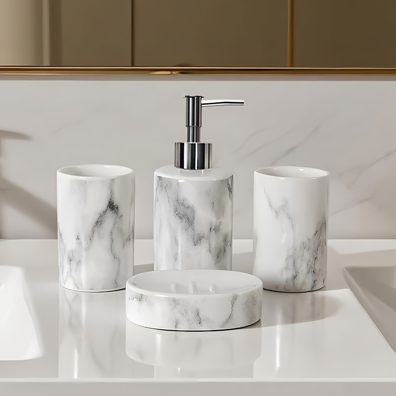 Image of 4pcs Set Of Marble Pattern, Ceramic Bathroom Toiletry Set, Mouthwash Cup, Toothbrush Cup, Lotion Bottle, Soap Box Set Bathroom Wash High-end Gift Set, Suitable For Bathroom Use, Ceramic Material