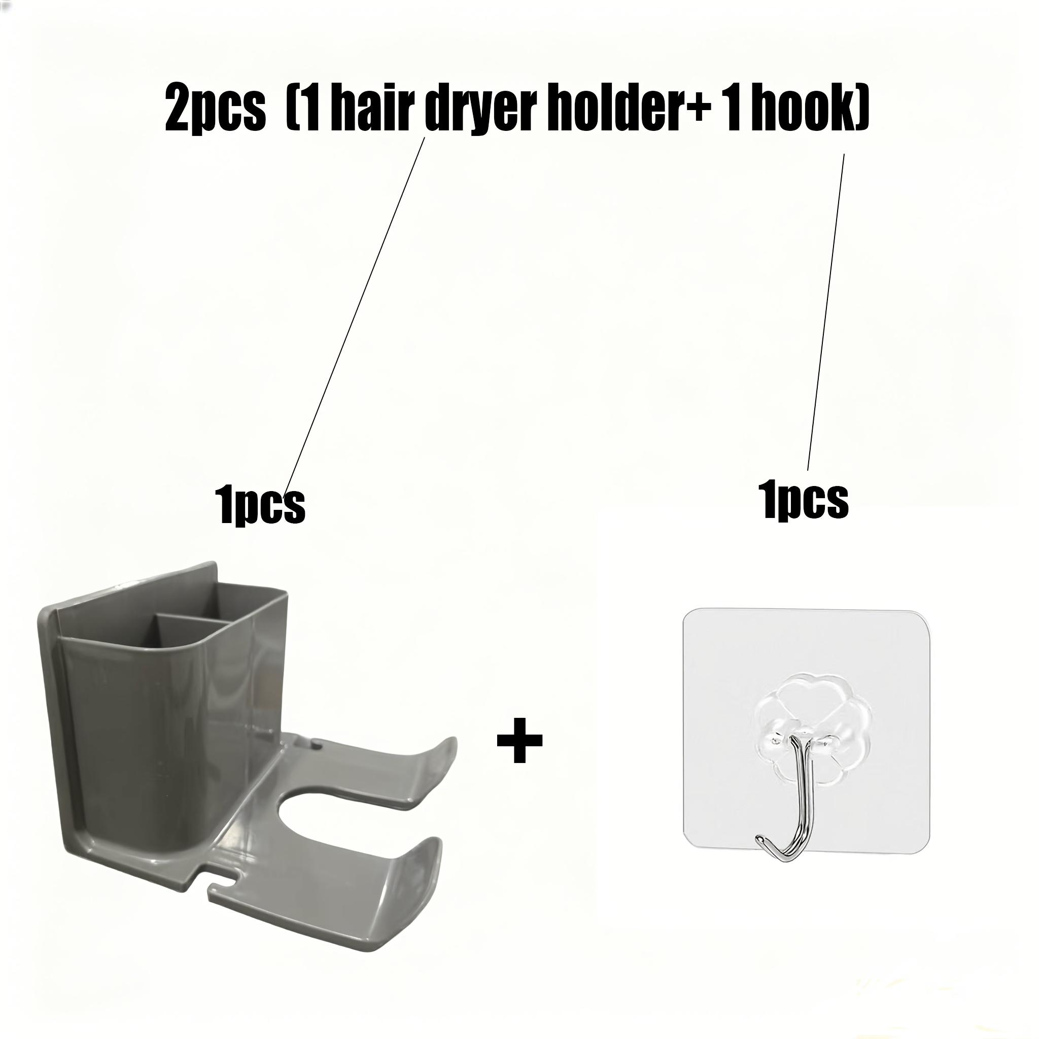 TEMU 2pcs(1 Hair Dryer Holder+ 1 Hook) No-drill Wall-mounted Hair Dryer Holder, Space-saving Bathroom Storage Rack, Sturdy Construction, Suitable For