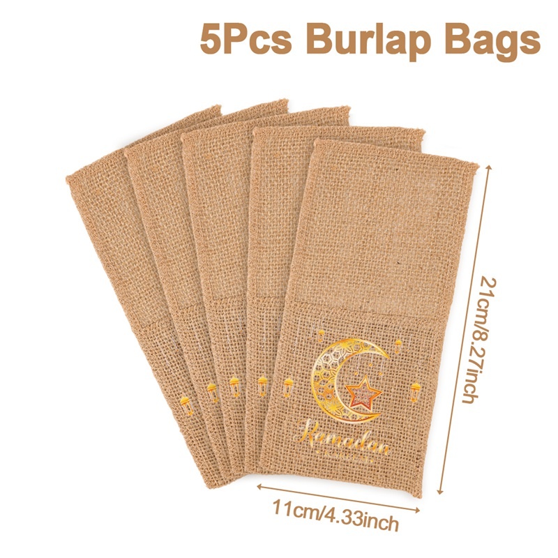 Image of 5pcs, Classic Linen Bags, Moon Cutlery Organizer Bags, Party Tableware Bags, Gift Packaging Bag Perfect For Ramadan Kareem & Eid Al Fitr Celebrations, Gathering Supplies