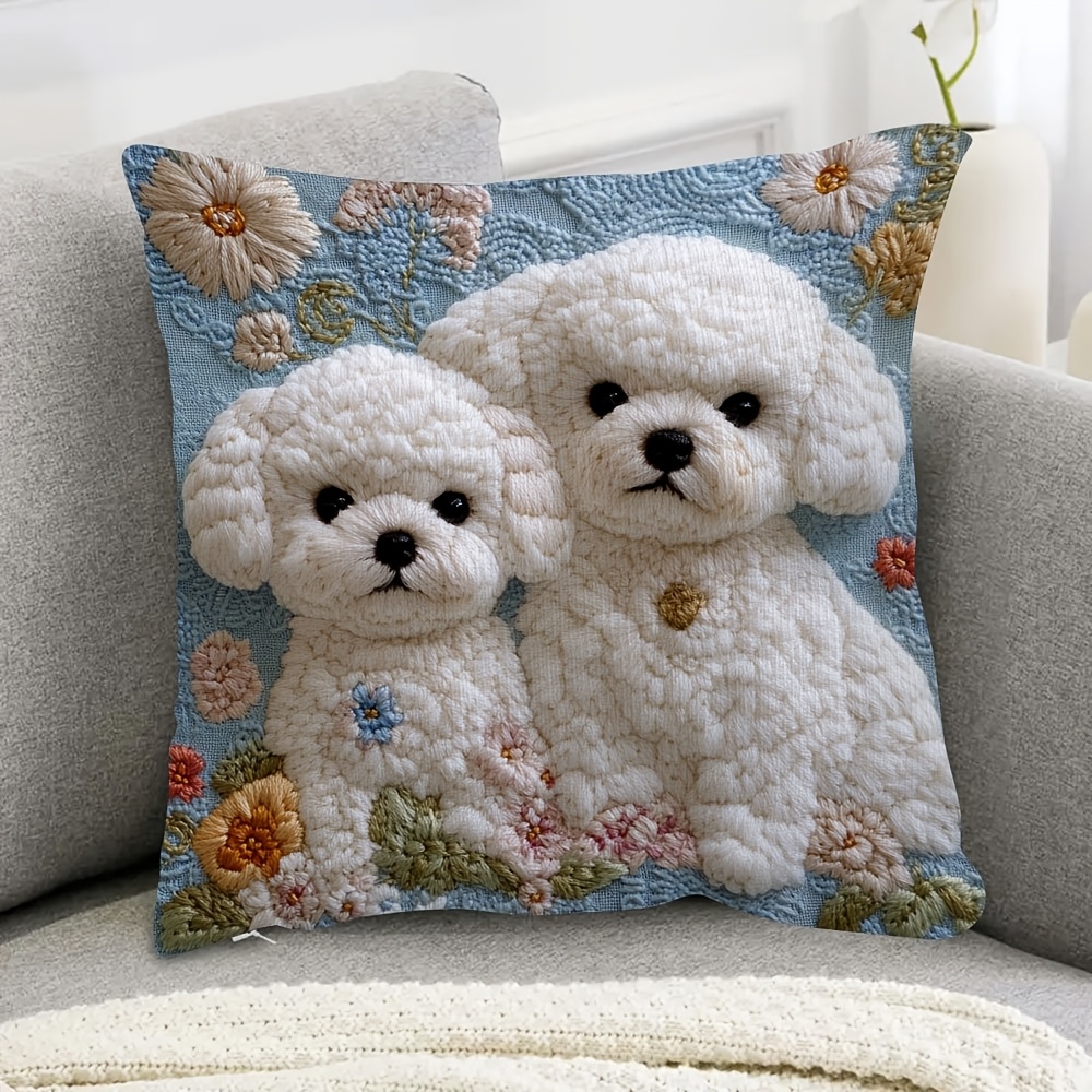 

1pc Bichon Dogs 18x18 Inch Super Soft Short Plush Throw Pillow Cover - Animal Theme, Retro Floral Decor For Sofa & Couch, Zip Closure, Hand Washable, Polyester (no Insert), Dog Decor