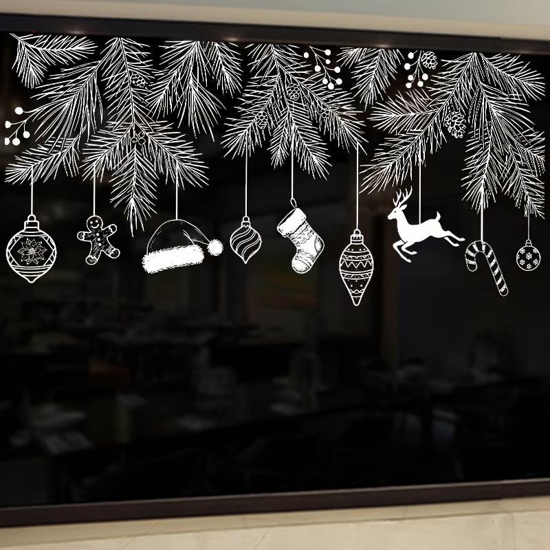 TEMU 1pc Christmas Pine Branch Hanging Ornament Static Glass Sticker Easy Line Drawing Window Decal Holiday Storefront Decoration Sticker Reusable