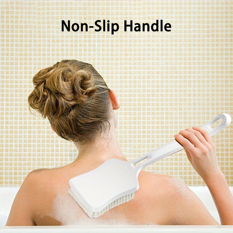 long handled cleaning shower brush with soft and hard bristles   and   brush surface back frosted body exfoliator suitable for wet or dry brushing white Product details 1