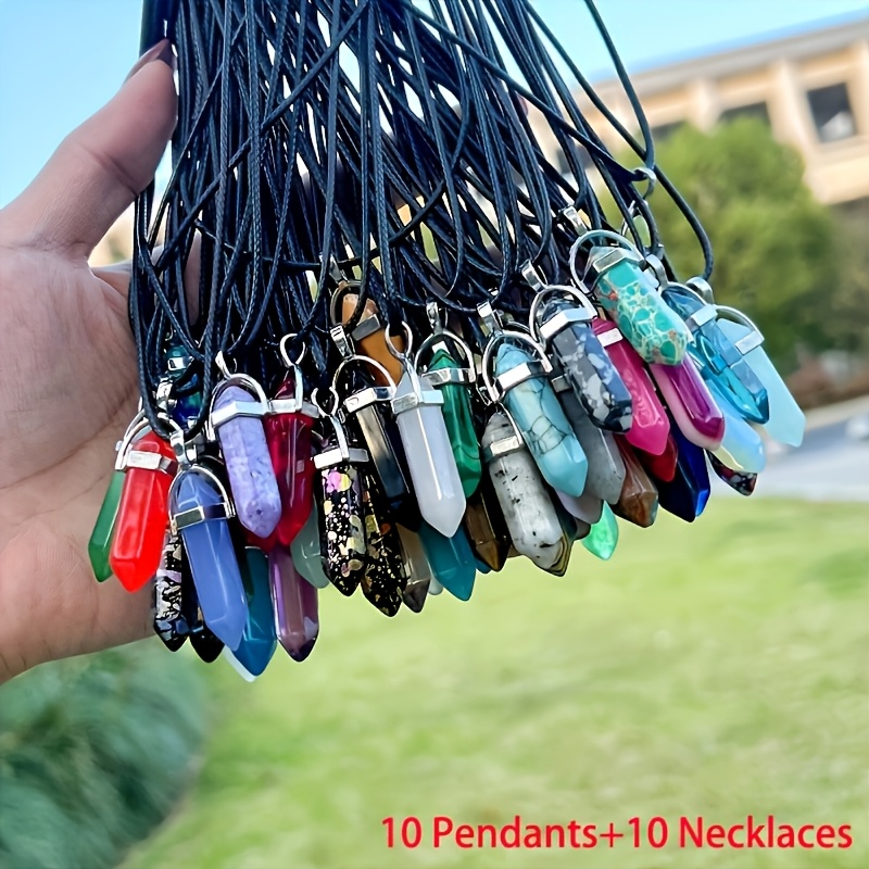 Image of 10pcs Chakra Pendant Set With Black Adjustable Necklace Chain - Chakra Crystal Gemstone Pendant Necklace Set, Includes Hexagonal -shaped + Chain, , Christmas And Thanksgiving Gift, 10 Pendants +