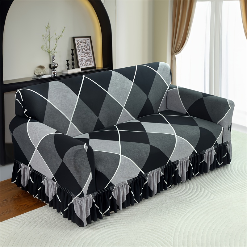 

Scandinavian-inspired Gray & Checkered Sofa Slipcover With Skirt - , Machine Washable Cover For Single To 4 Seater Sofas - Home Decor, Hotels, And Parties, Sofa For Living Room