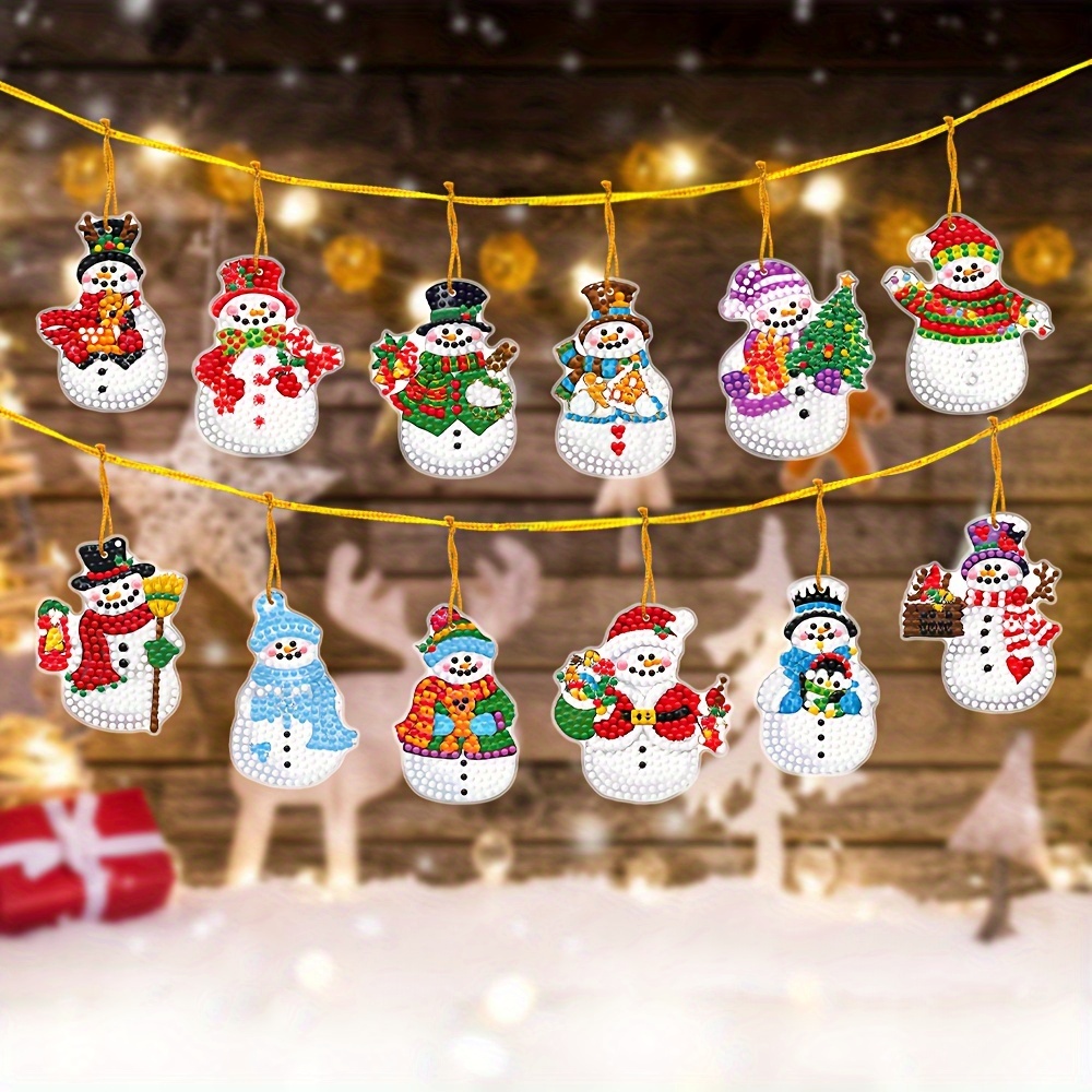 

12pcs Diamond Painting Christmas Snowman Ornament Kit - -by-number Craft Set For Adults, Diy Diamond Art Hanging Decorations For Tree, Festive Home, Garden, And Gift-giving