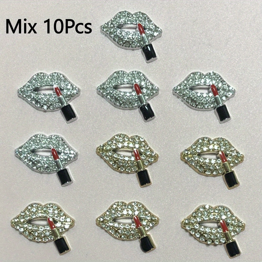 TEMU Lot de 10 pièces de charmes élégants et luxueux de lèvres ajourées avec décorations en strass, rouge à lèvres brillant, dos plat, pour étuis de