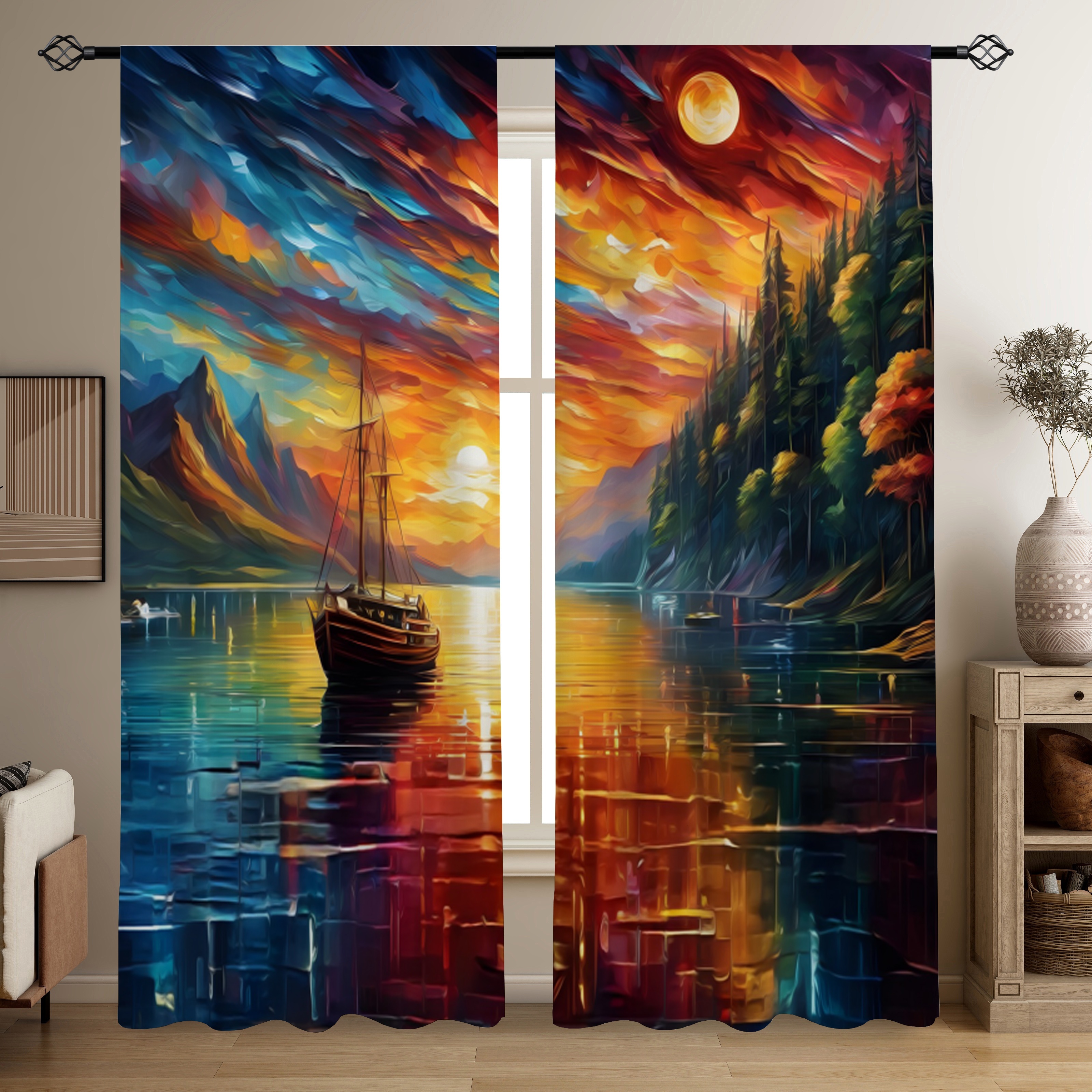 

2pcs, Oil Painting Sunset Printed Translucent Curtains, Multi-scene Polyester Rod Pocket Decorative Curtains For Living Room Game Room Bedroom Home Decor Party Supplies