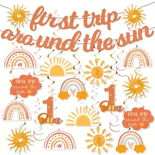 41pcs boho sun birthday decorations suitable for first birthday party 1 birthday banner swirls paper sun cutouts for for boho party decor celebration
