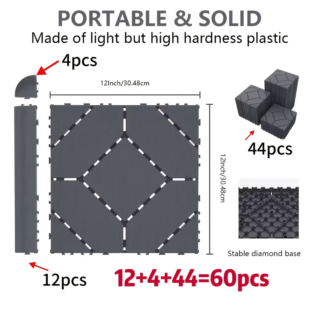 TEMU Ensemble de 60 dalles de terrasse à emboîter | 44 dalles , 12 dalles de bord, 4 dalles d'angle | Revêtement de sol extérieur en plastique aux