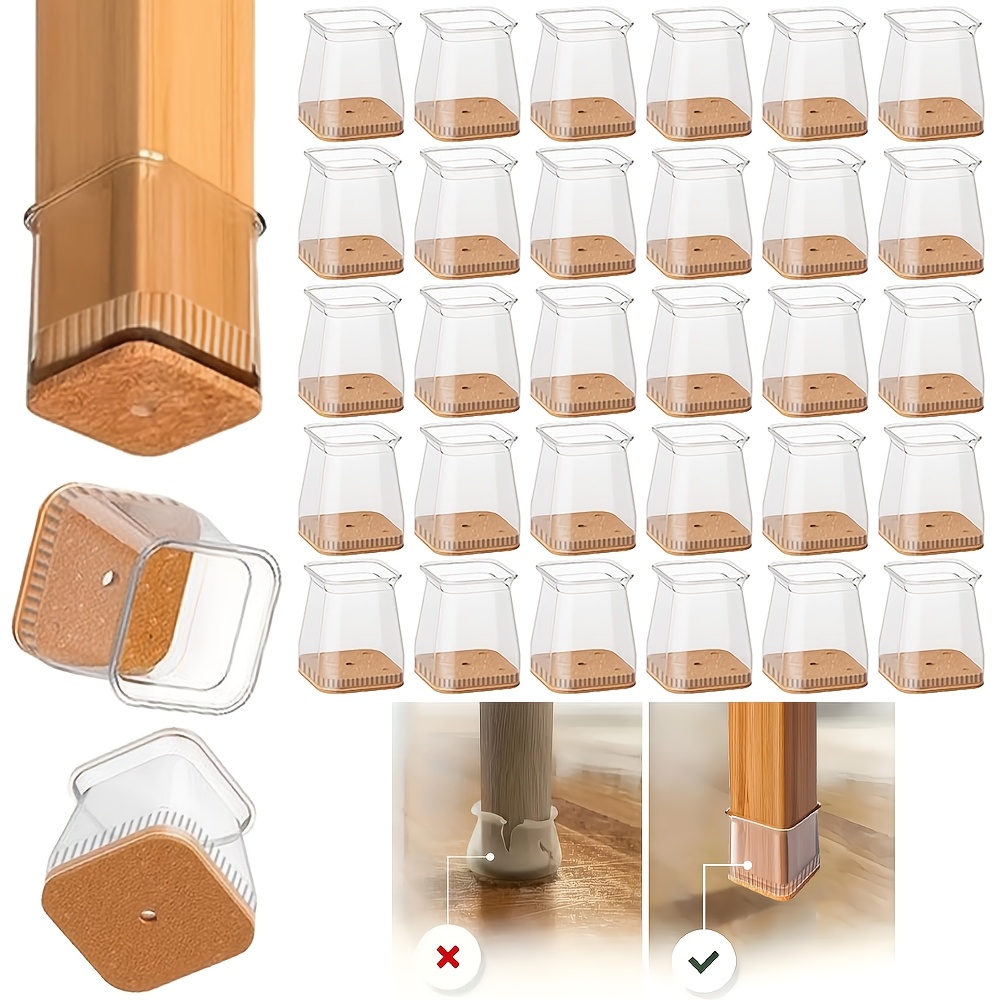 TEMU 32pcs Housses de pieds de chaise carrées, Housses de pieds de tabouret transparentes, Coussinets silencieux et résistants à l', de réduction du