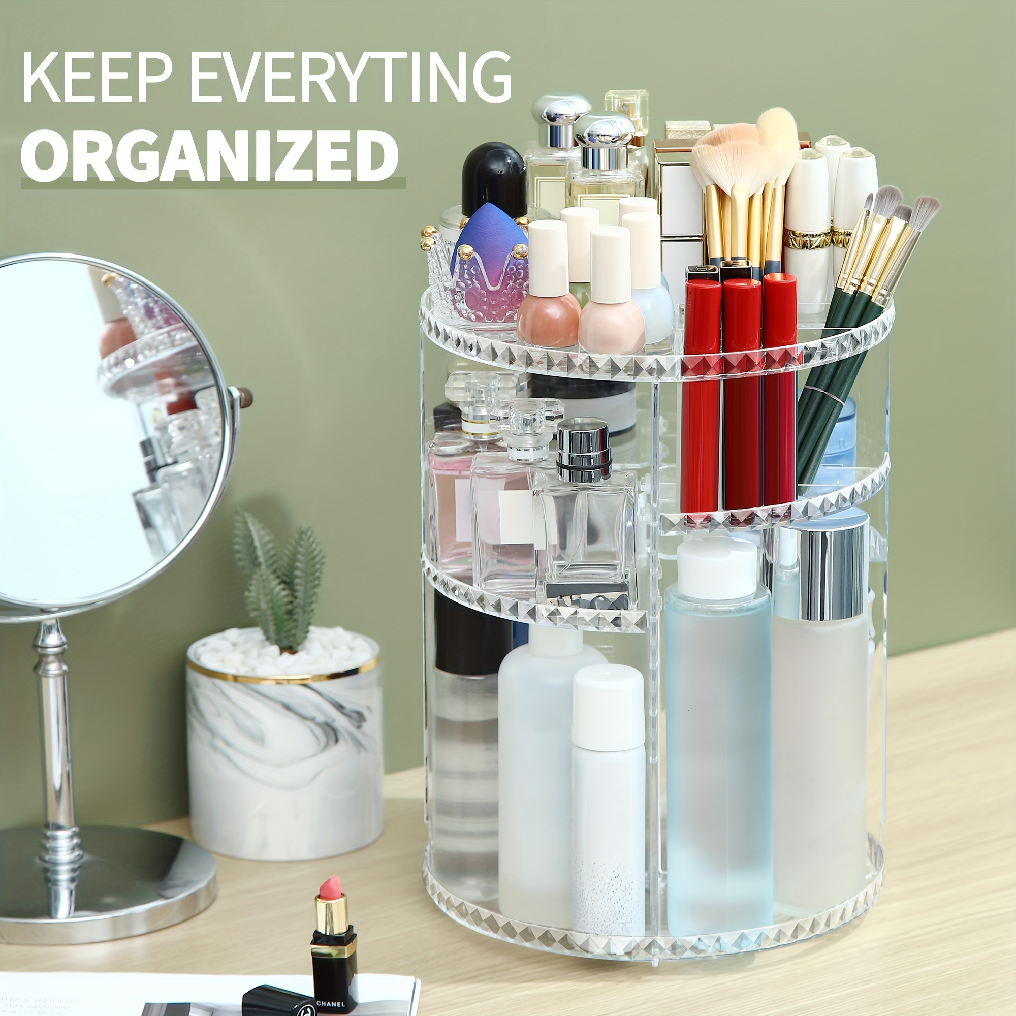 

360° Rotating Adjustable Makeup Organizer: Large Capacity Transparent Cosmetics Storage Box With 8 Layers And Removable Shelves For Bathroom Vanity