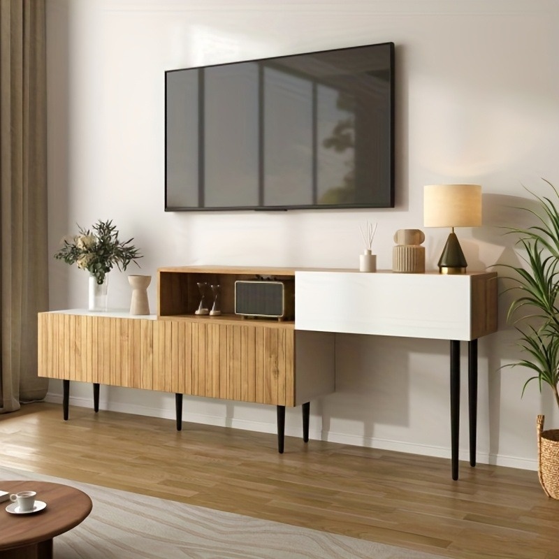 tv cabinet, adjustable length, modular two-piece design, black metal legs, multifunctional living room furniture 0