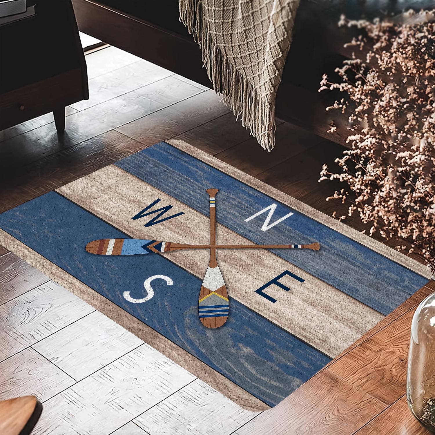 

1pc, Ocean Theme Boat Paddle Print Welcome Door Mat, Anti-slip Premium Carpet, Machine Washable Rug, Suitable For Bathroom, Kitchen And Laundry Room Entrance, Welcome Mat For Outdoor Decor