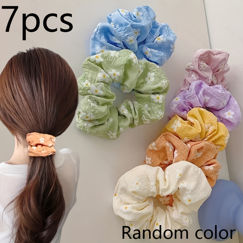 7pcs Set, Random Colors, Pastoral Style Small Daisy Scrunchies For Ponytails, Buns, And Updos