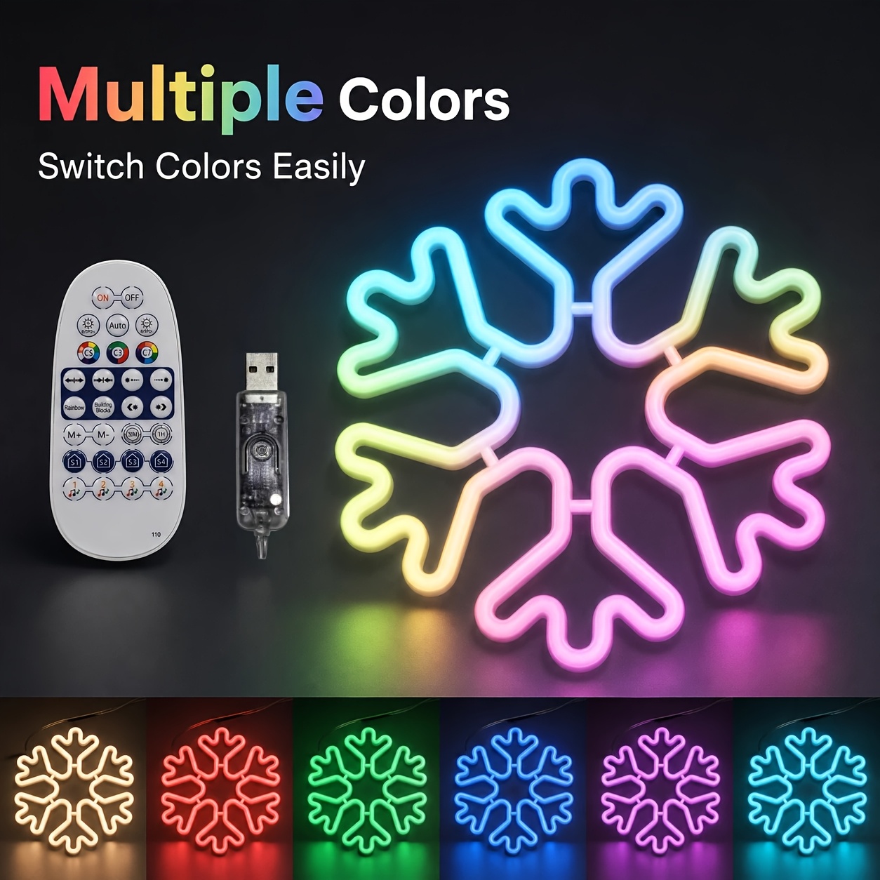 RGB Glowing Snowflake Neon Light, Remote Control