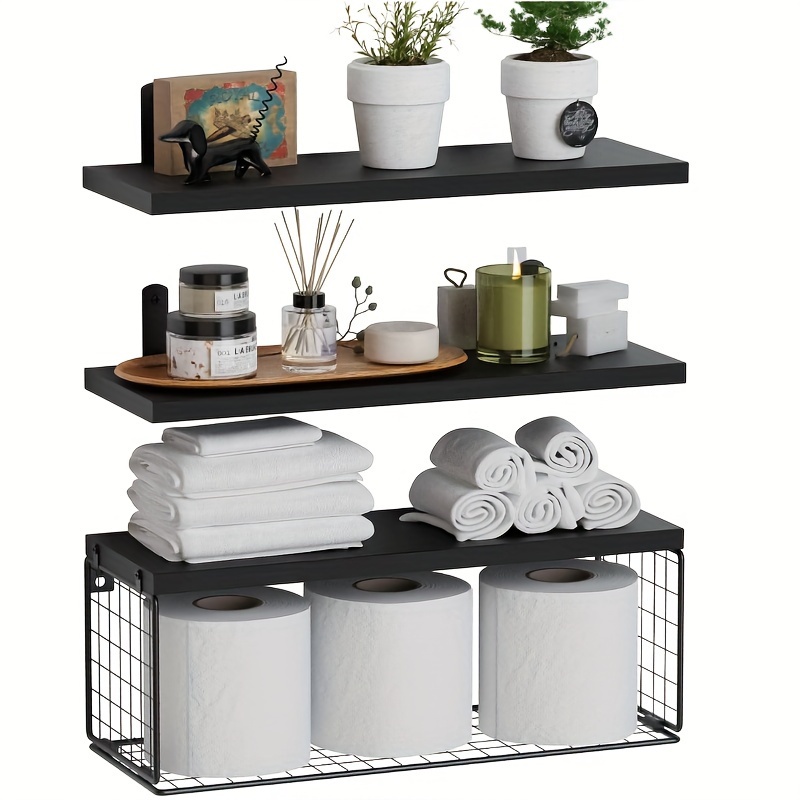 

1pc, Rustic Pine Wood Floating Shelves With Basket, Wall Mounted Storage For Bathroom, Kitchen & Living Room, Modern Farmhouse Decor In Black & White, Easy To Assemble