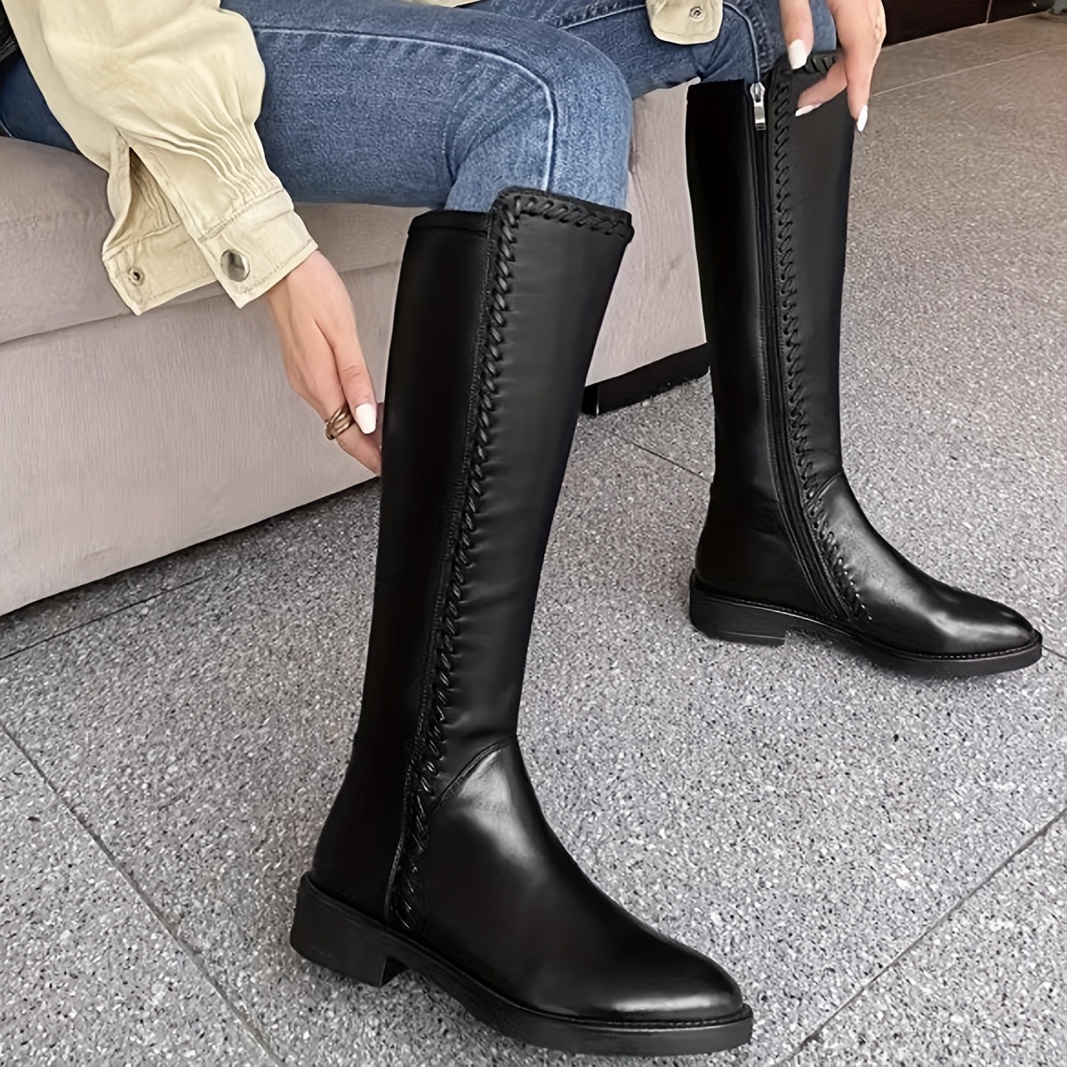 

Chic Women's Knee-high Knight Boots - Cozy Fleece Lined, Chunky Heel, Side Zipper, Round Toe - Fall & Winter