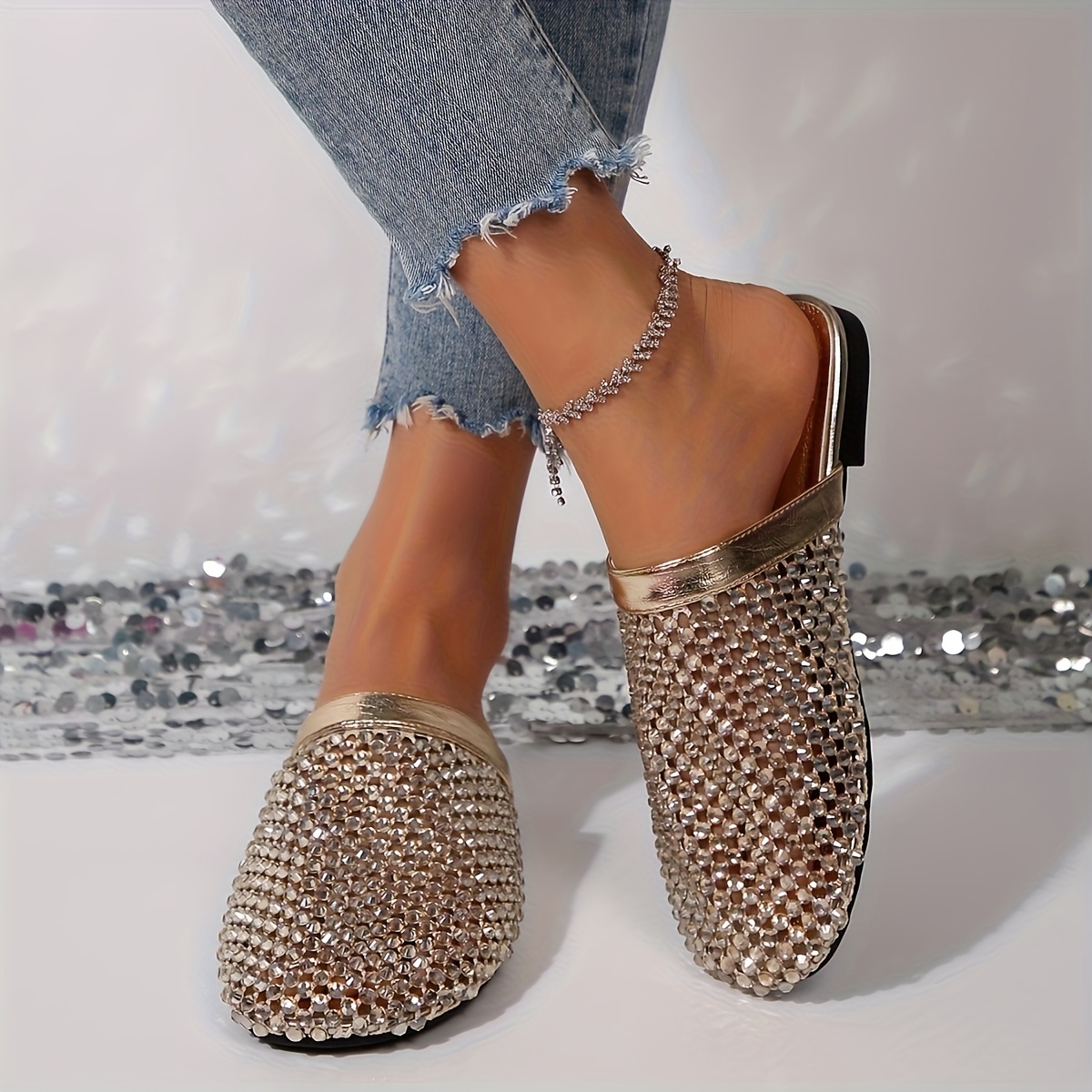 Women'S Sparkling Round-Toe Slip-On Mules with Low Heel - Golden Tone, Faux Upper, Synthetic Insole, All-Season Comfort Shoes, Fashion Footwear|Sparkling Detail|Synthetic Upper, Mules