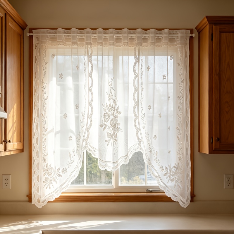 Romantic Style, White Rose Embroidery, Lace Curtains, Wavy Edges, Semi-transparent Gauze, Transparent See-through,…: retailer-supplied image