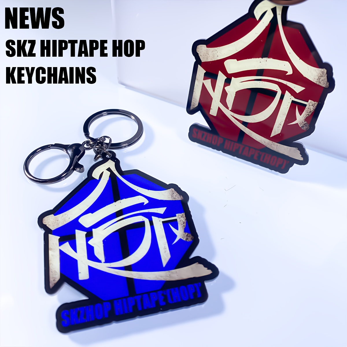 

Acrylic Keychains In The Skzhop Hiptape(hop)korea Featuring Kpop , Perfect As Car Keychain Pendants Or For Hanging On Mobile Phone Bags. For Fans, Including '' Stand.