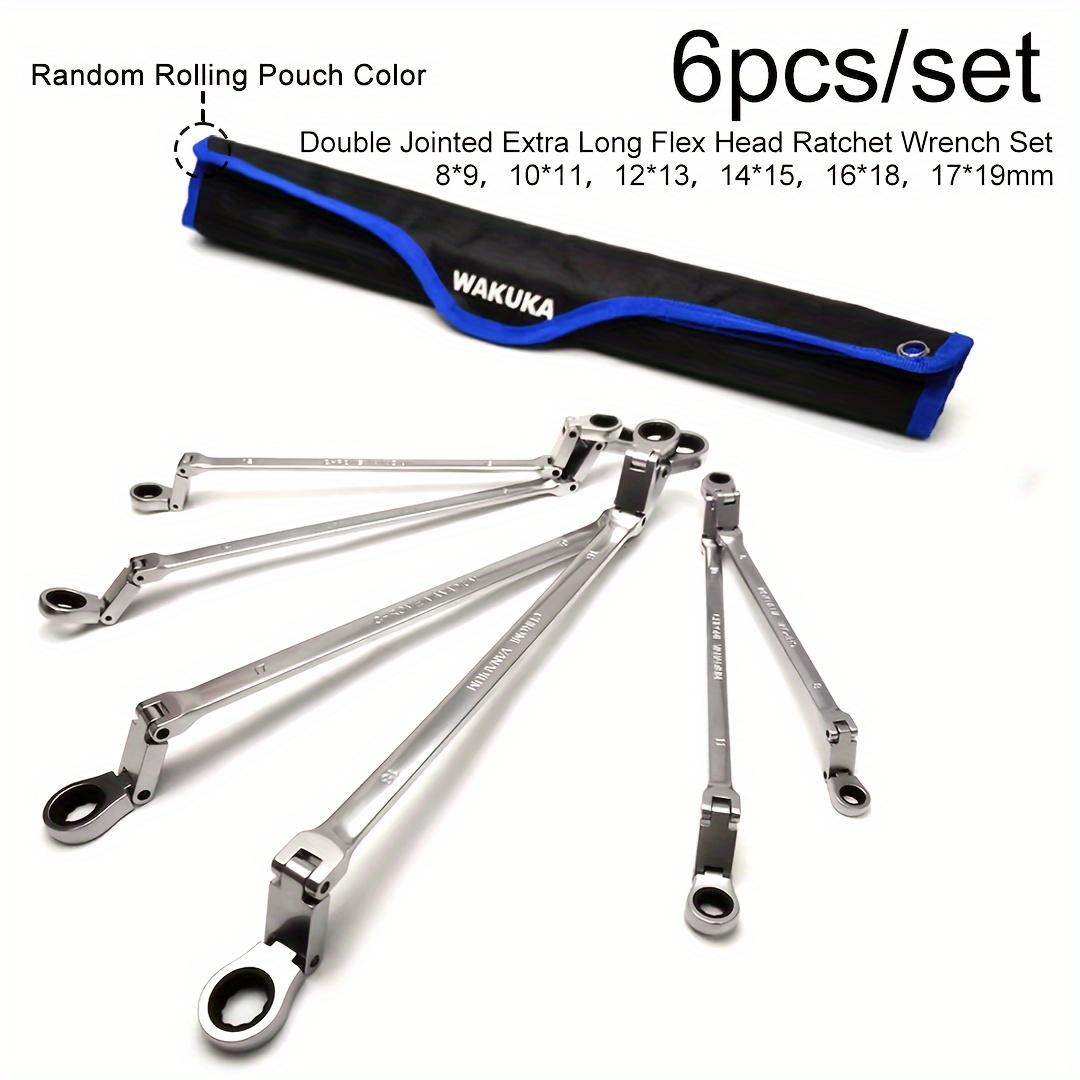 TEMU 6pcs Double Jointed Extra Long Ratchet Wrench Set End Ratcheting Wrench Set Metric 8-19mm 72-teeth For Automotive Car Motorcycle Bicycle Repair