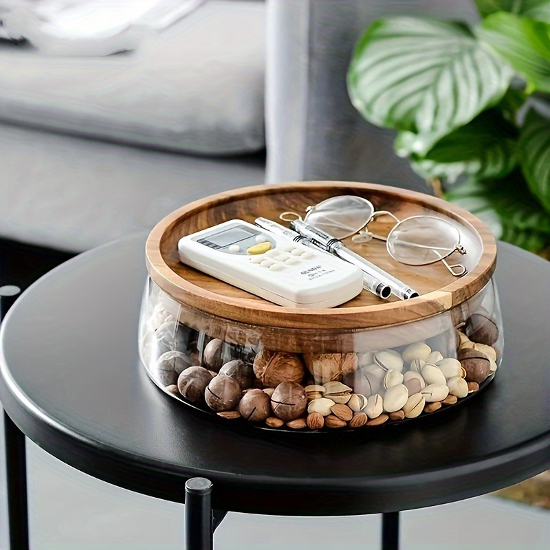 

1pc, Wooden Trays, Glass Bowl Nuts Fruits Food Container For Cereals, Double Layer Candy Jars With Wooden Lid, Home Kitchen Storage Supplies