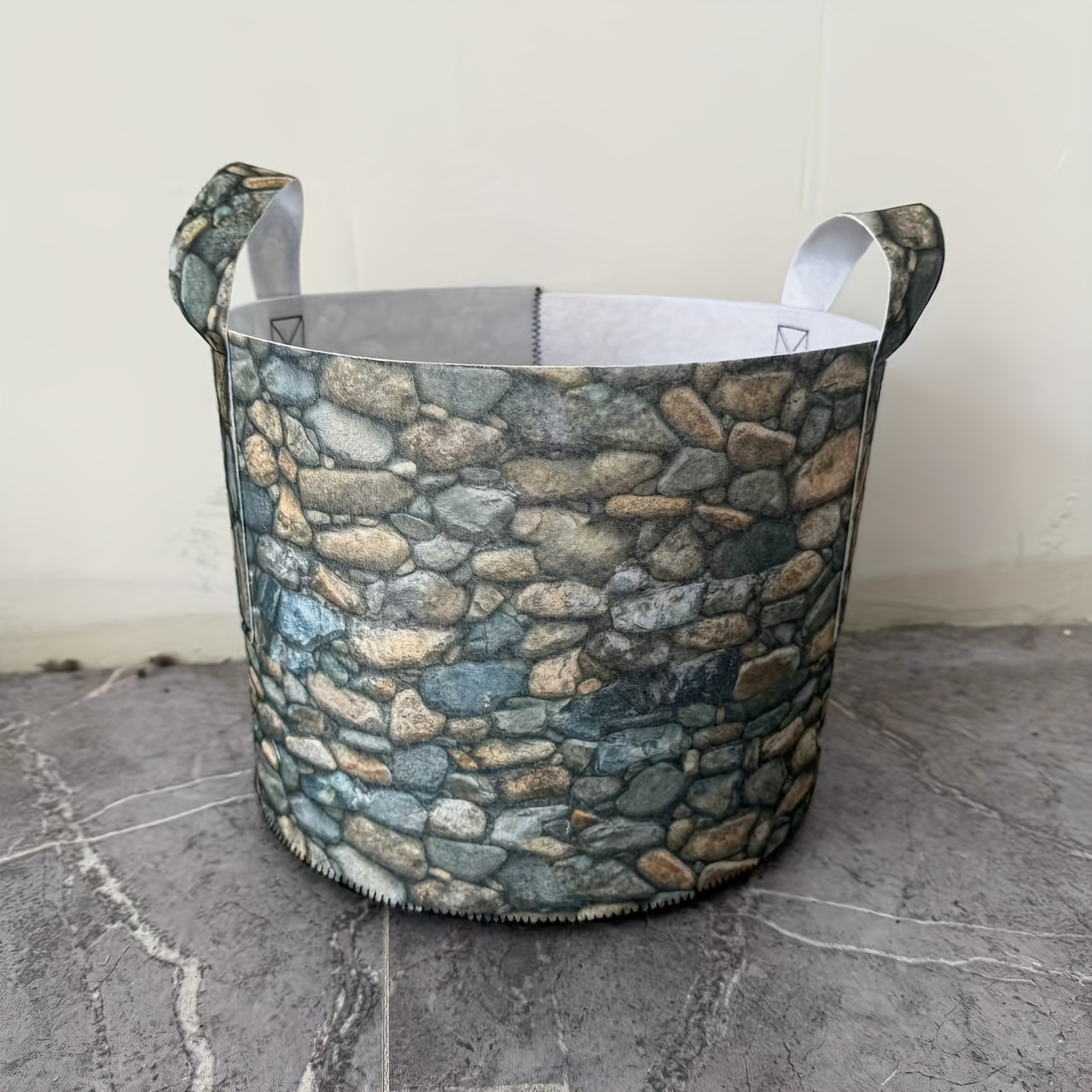 TEMU 1pc Gray-green Stone Pattern Felt Grow Bag With Reinforced Handles, Thickened Durable Felt Material, Reinforced , Heavy-duty For Outdoor & Home