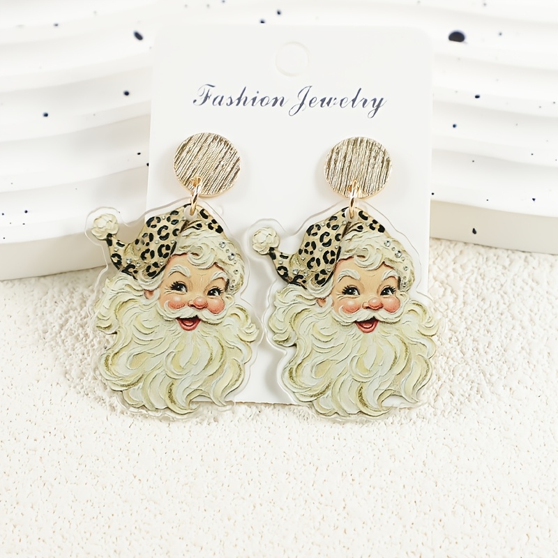 TEMU Christmas Leopard Print Santa Claus Distressed Vintage Style Women's Acrylic Earrings, Alloy Studs, Suitable For