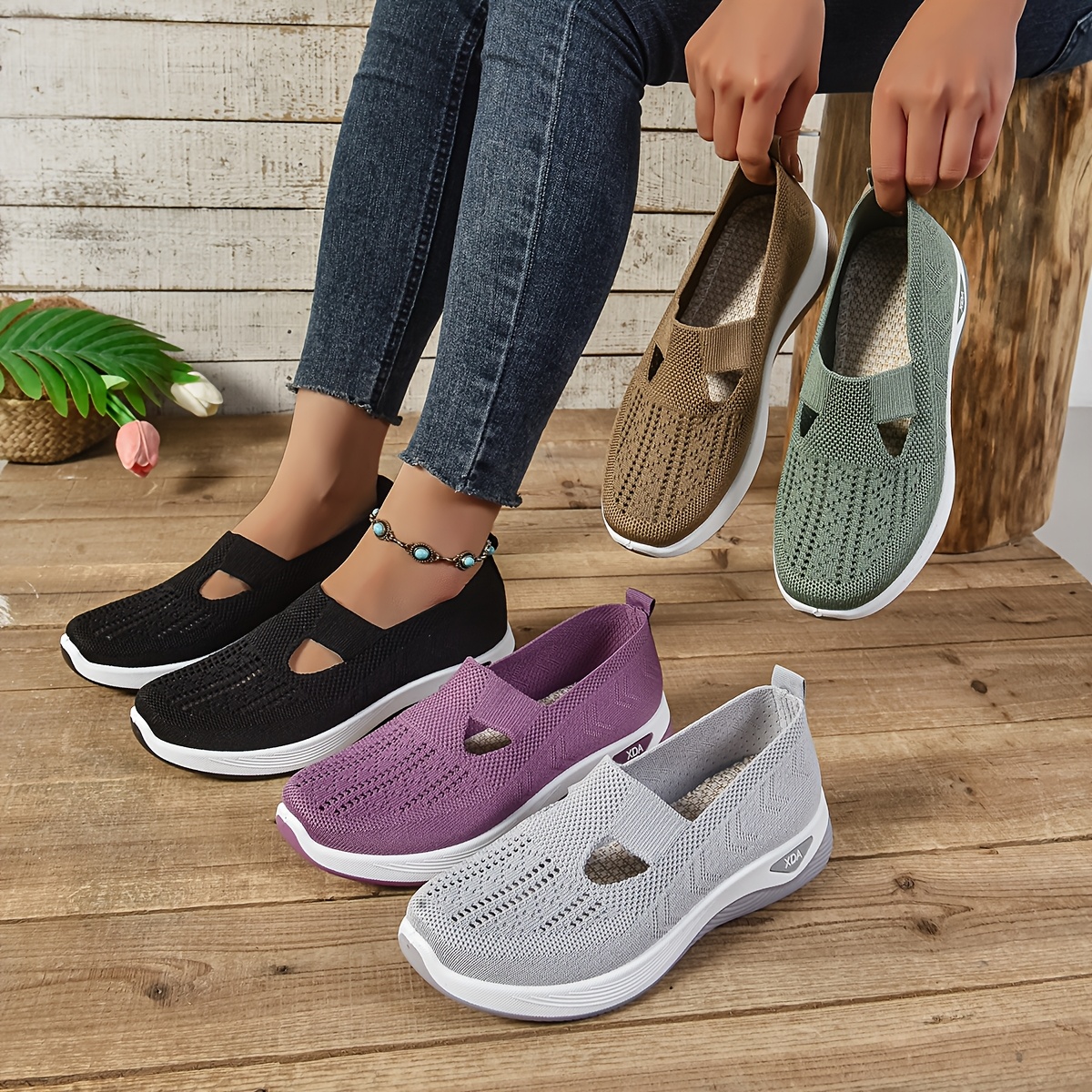 

Women's Breathable Knit Sneakers - Casual Slip-on, Lightweight & Comfortable Walking Shoes With