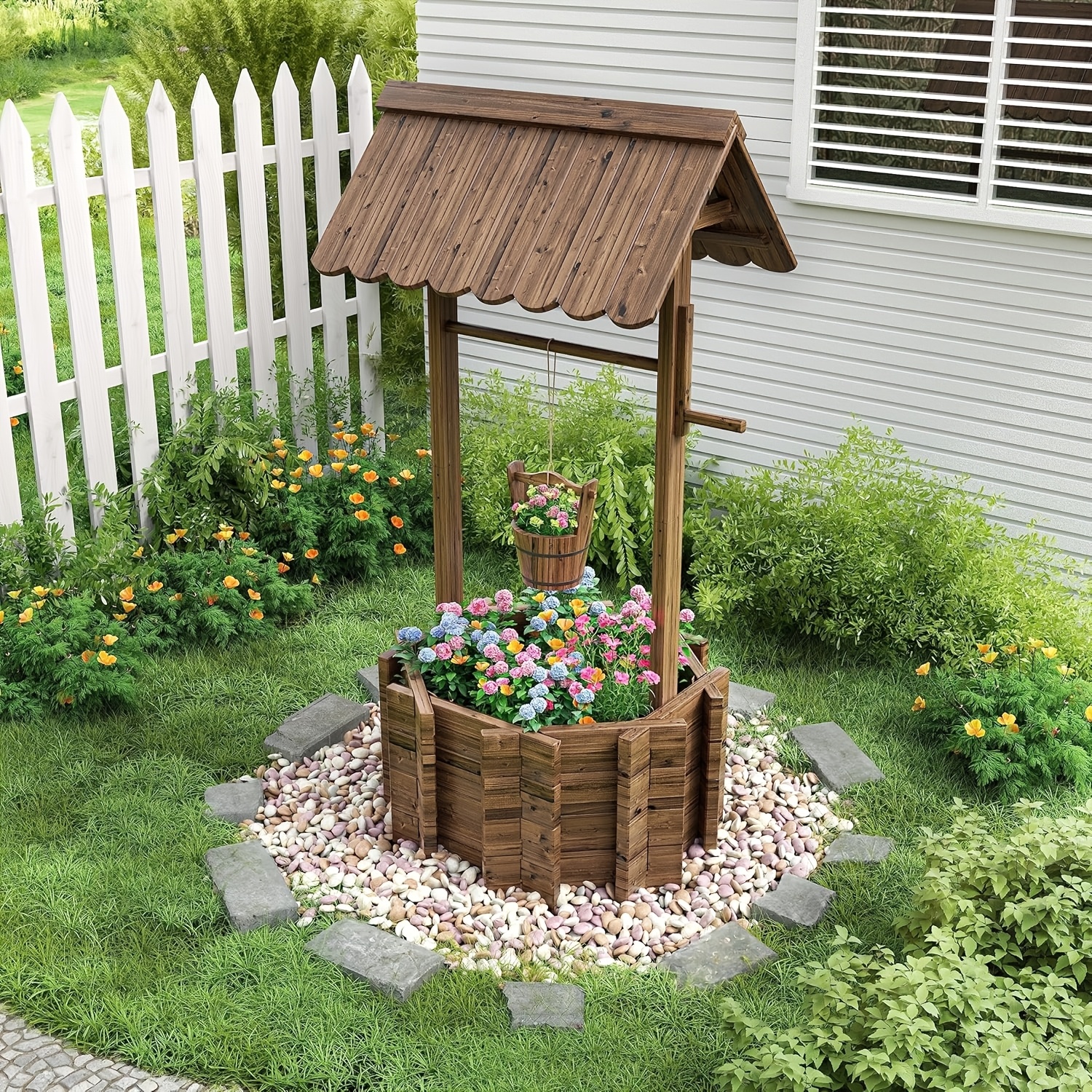 TEMU Pot de fleurs fontaine à vœux en bois | Pot de fleurs décoratif d'extérieur rustique et seau suspendu, construction durable en bois , parfait