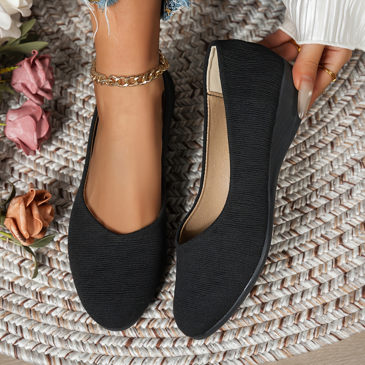 E-shop Damen Flache Schuhe, bequeme schlichte schwarze Stoffschuhe mit Keilabsatz runder Zehenpartie, Slip-On Low-Top Freizeit-Loafer für den ,