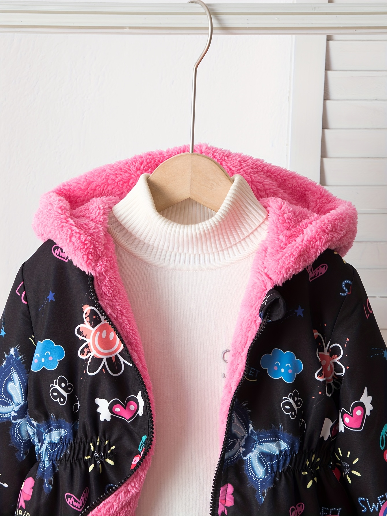 Girls' Windproof Casual Coat with Printed Hat Collar, Warm Outerwear