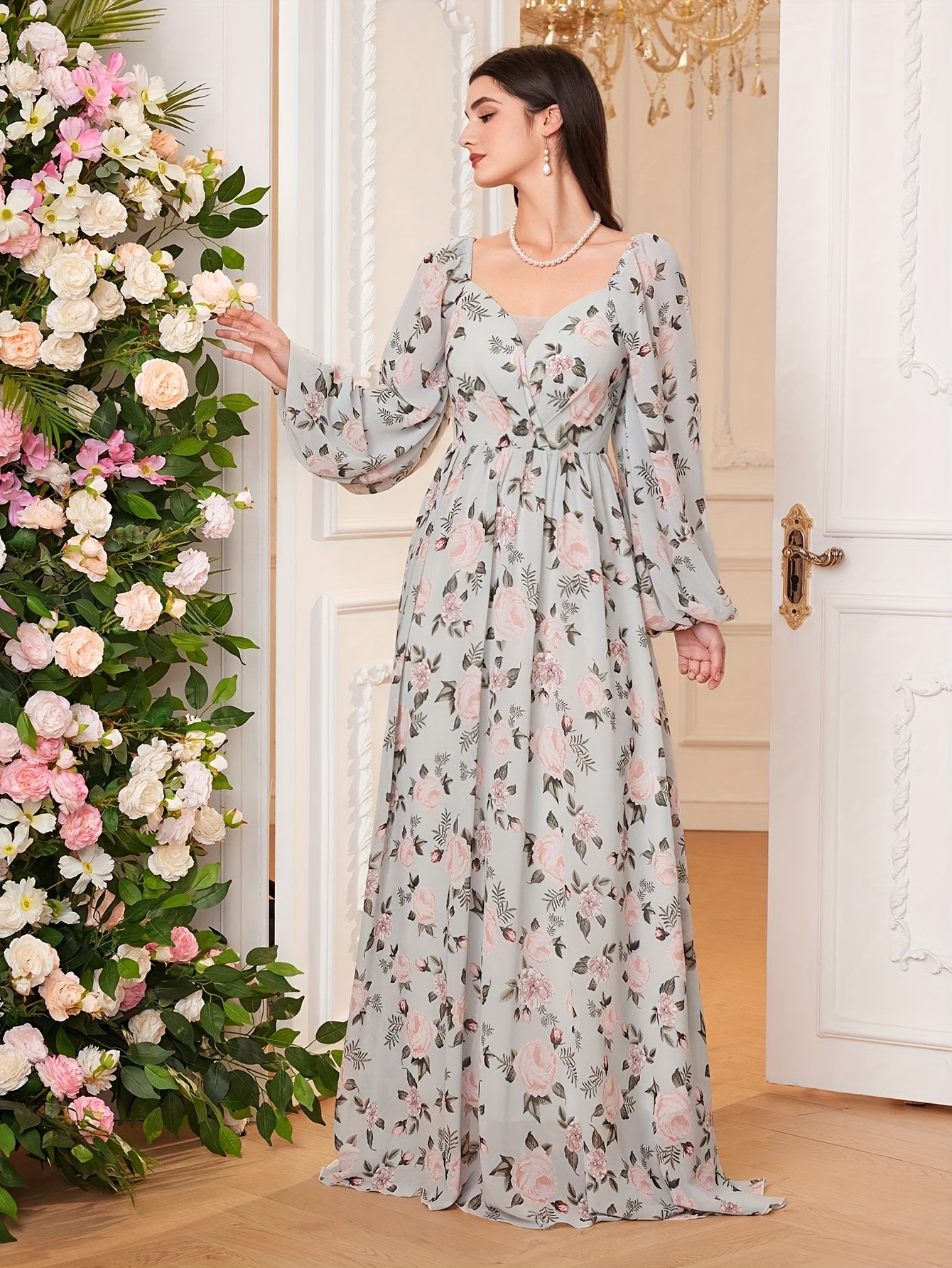 green emerald velvet dress Floral-Print Wedding-Guest Dress with Short Sleeves– PromGirl main image 1