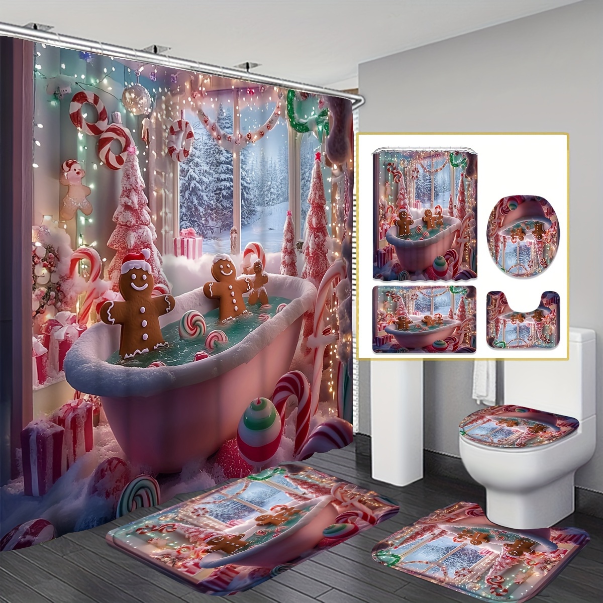 

Jit 1/4pcs Christmas Curtain Set, Bathtub Curtain Polyester For Christmas Bathroom Ornaments 12 Bath Mat U Mat