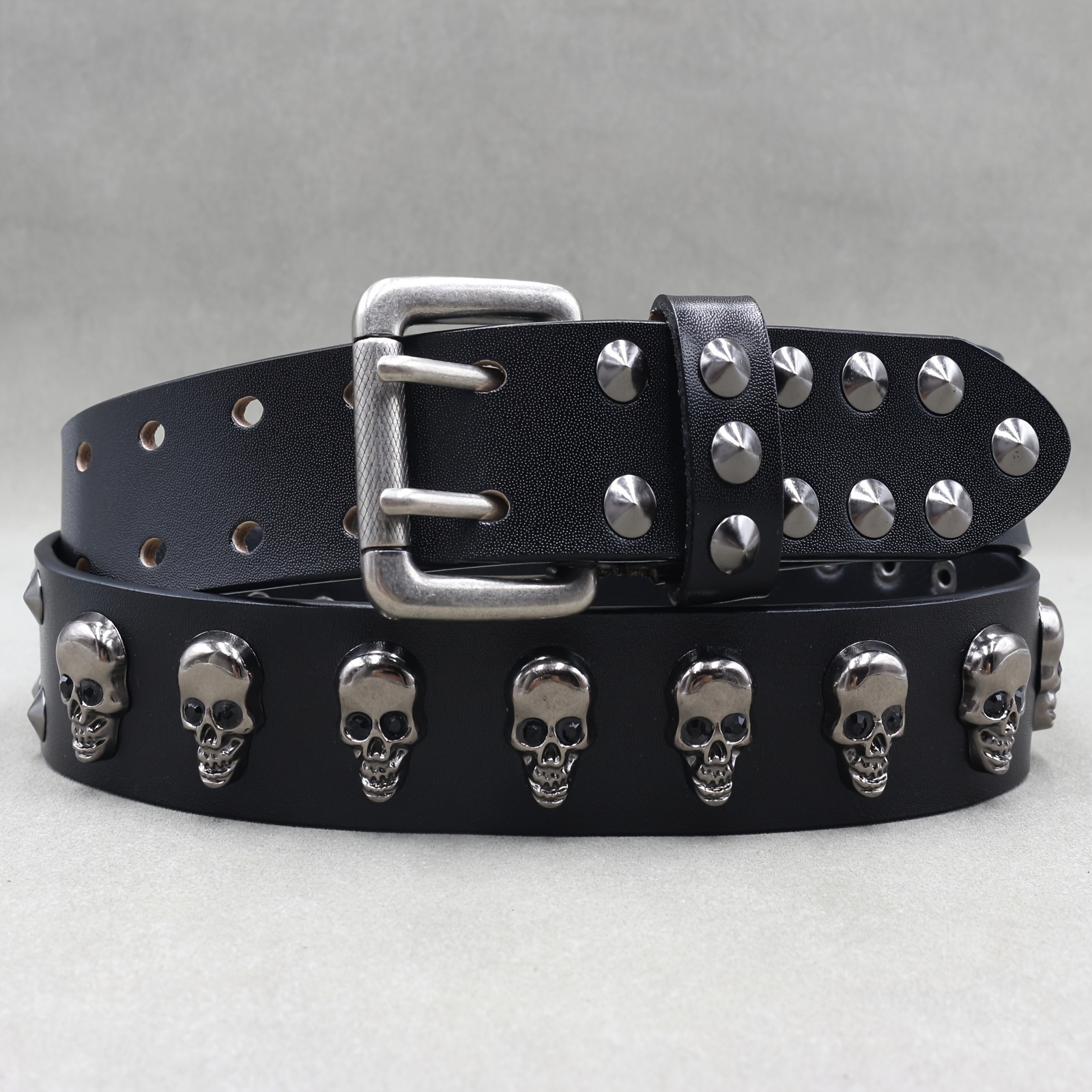 

Double Pin Skull Heavy Punk Belt Genuine Leather Hip Hop Belts For Men Rivet Jeans Belt Male Strap