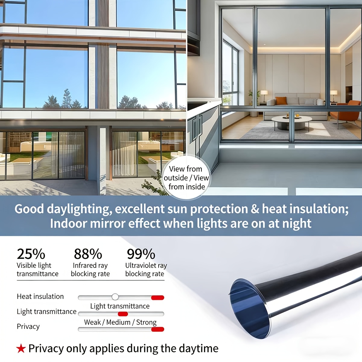 TEMU 2-roll Pack -way Mirror Film, Silvery Style, Heat Insulating Anti-peeping Privacy Window Film, Each Roll Size 7.87*78.78in, Viewing Mirror Film,