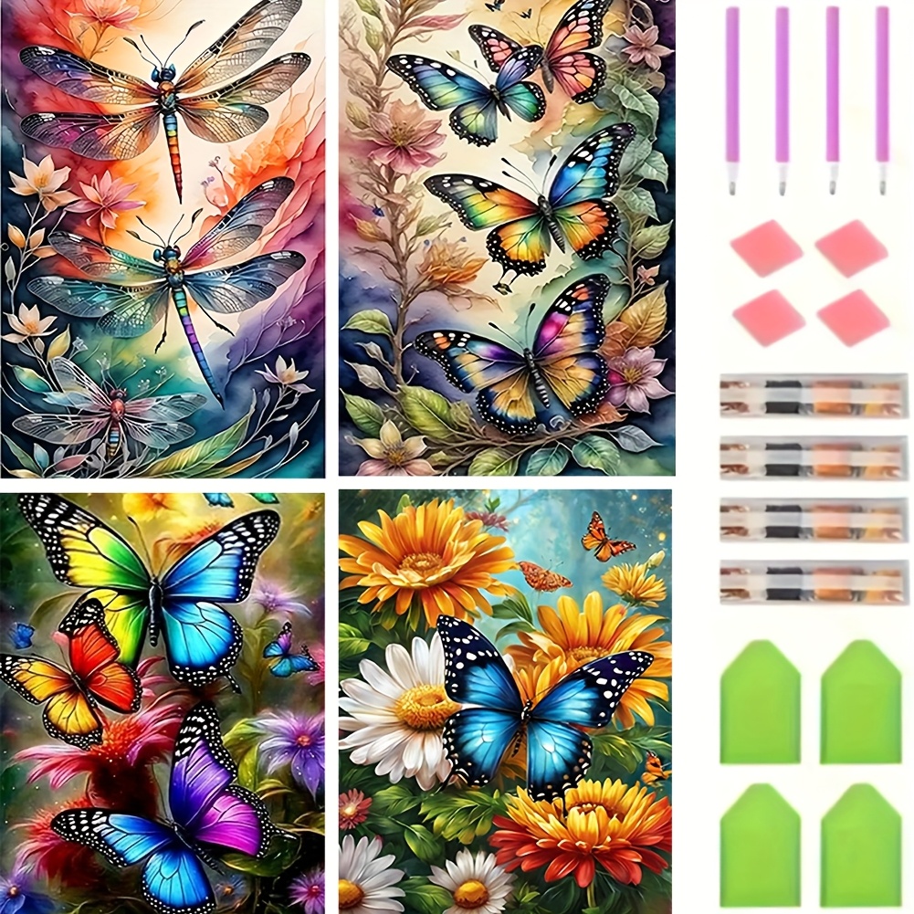 TEMU 4 Ensembles de Peinture de Diamant Artificiel Motif Papillon Série Animaux, Ensemble de Ronds Complets pour Artisanat DIY, Décoration Murale
