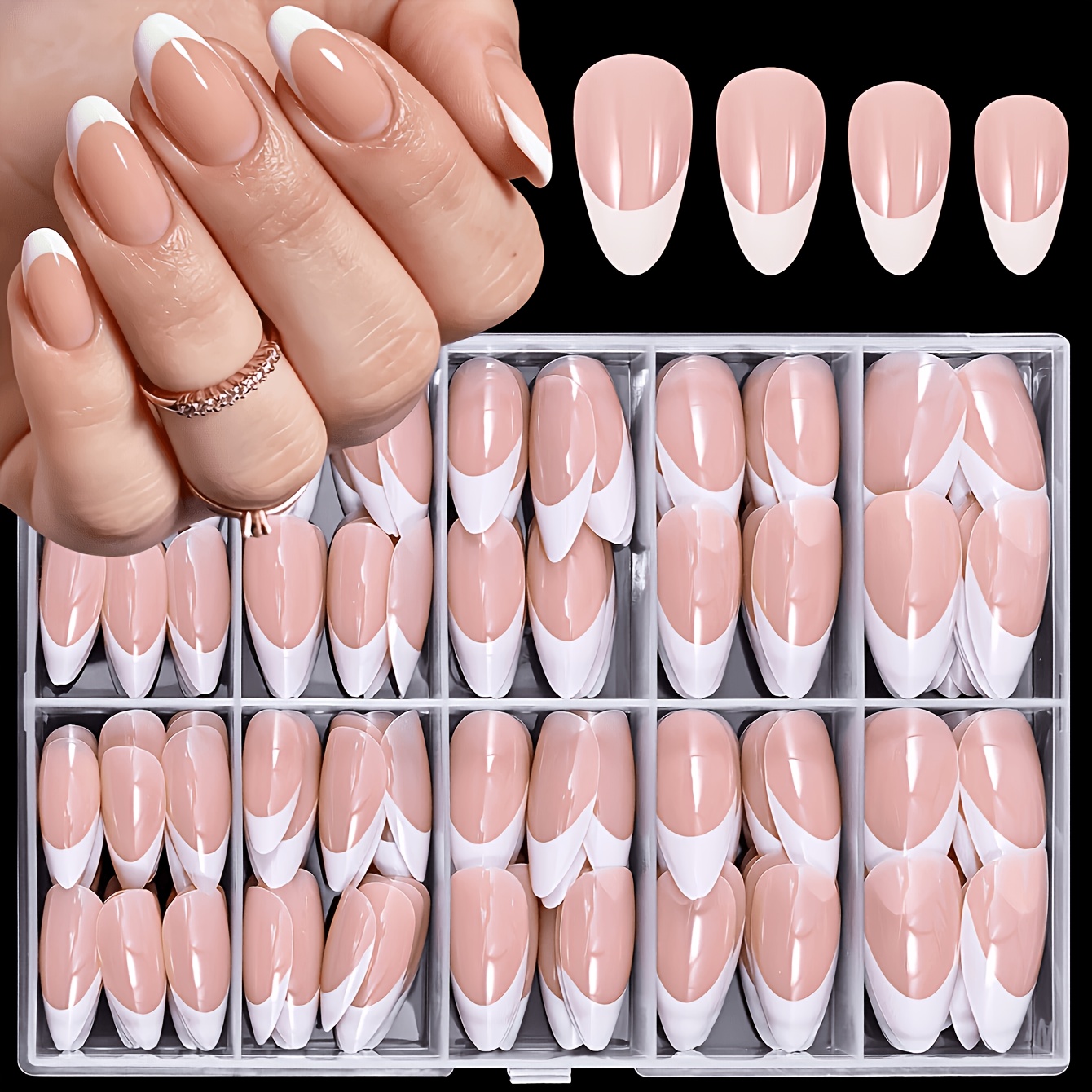 TEMU 85pcs (84 Wearable Nail Pieces + ) High-quality Almond-white French Pointed Nail Polish Nude Pink Base With Classic White French Edging Complete