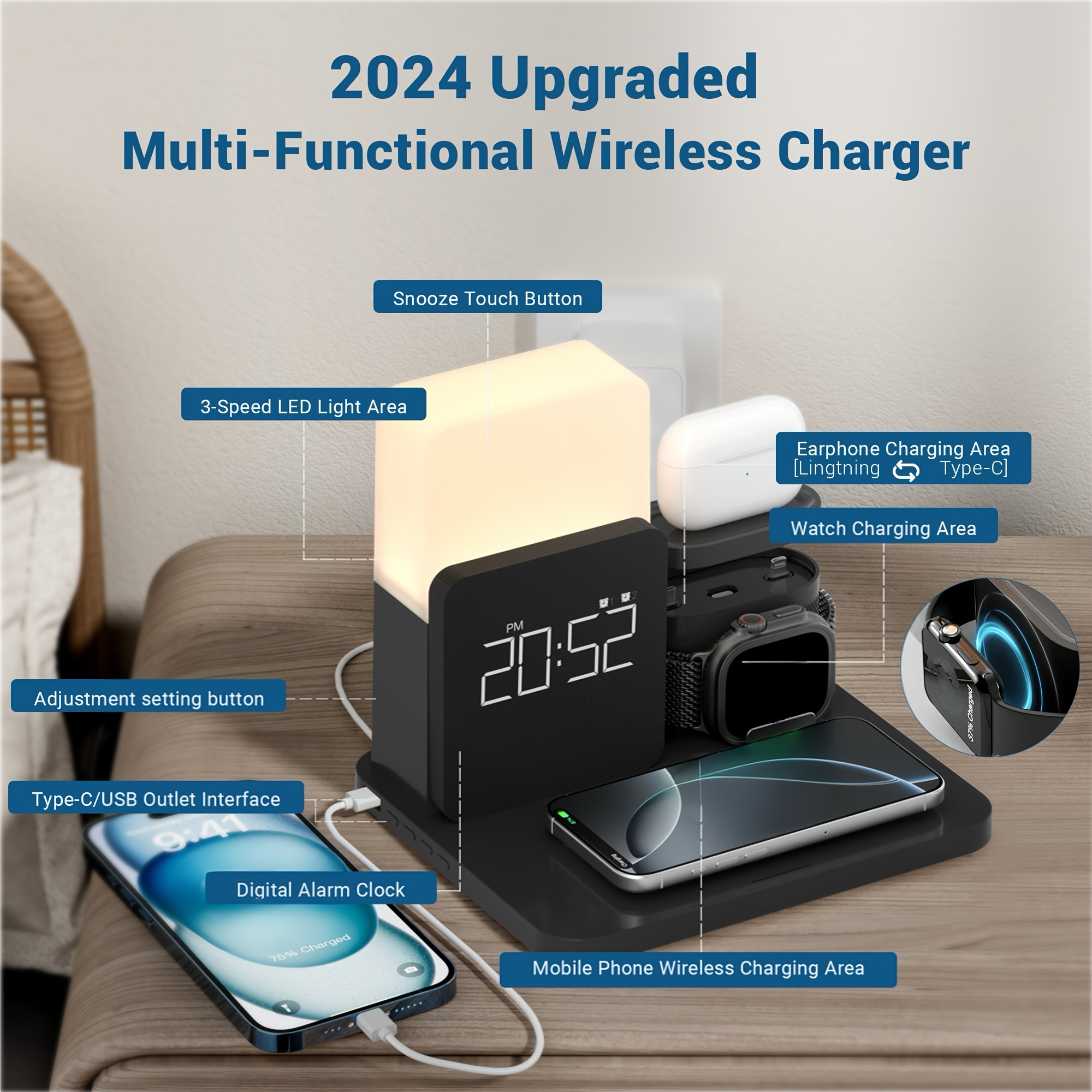 

1 Charging Station Alarm Clock With Wireless Charger, Wireless Charging Station, Suitable For Iphone 12/13/14/15 Pro/13 Mini/13 Pro Max/12 Pro Airpods, Valentine's Day Gift, Room Supplies Clearance