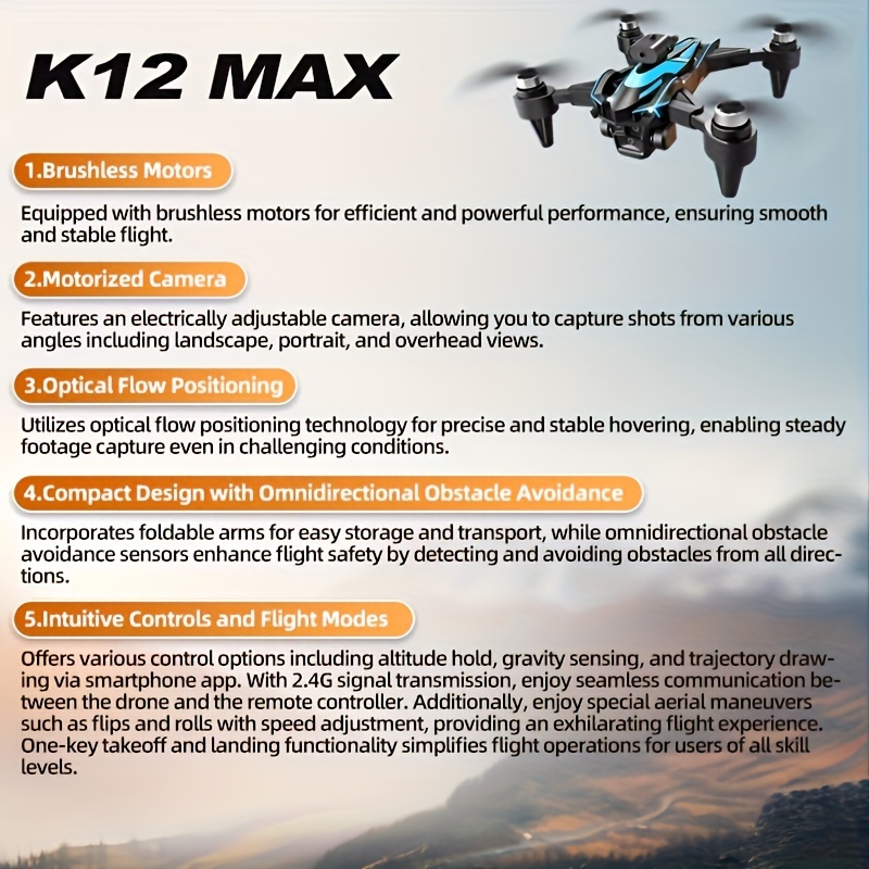 K12 Max Advanced RC Drone  Brushless RC Drone With SD Three EsC Camera, Optical Flow Positioning Headless Mode, 360 °Intelligent Obstacle Avoidancer Rc Toy Drone
