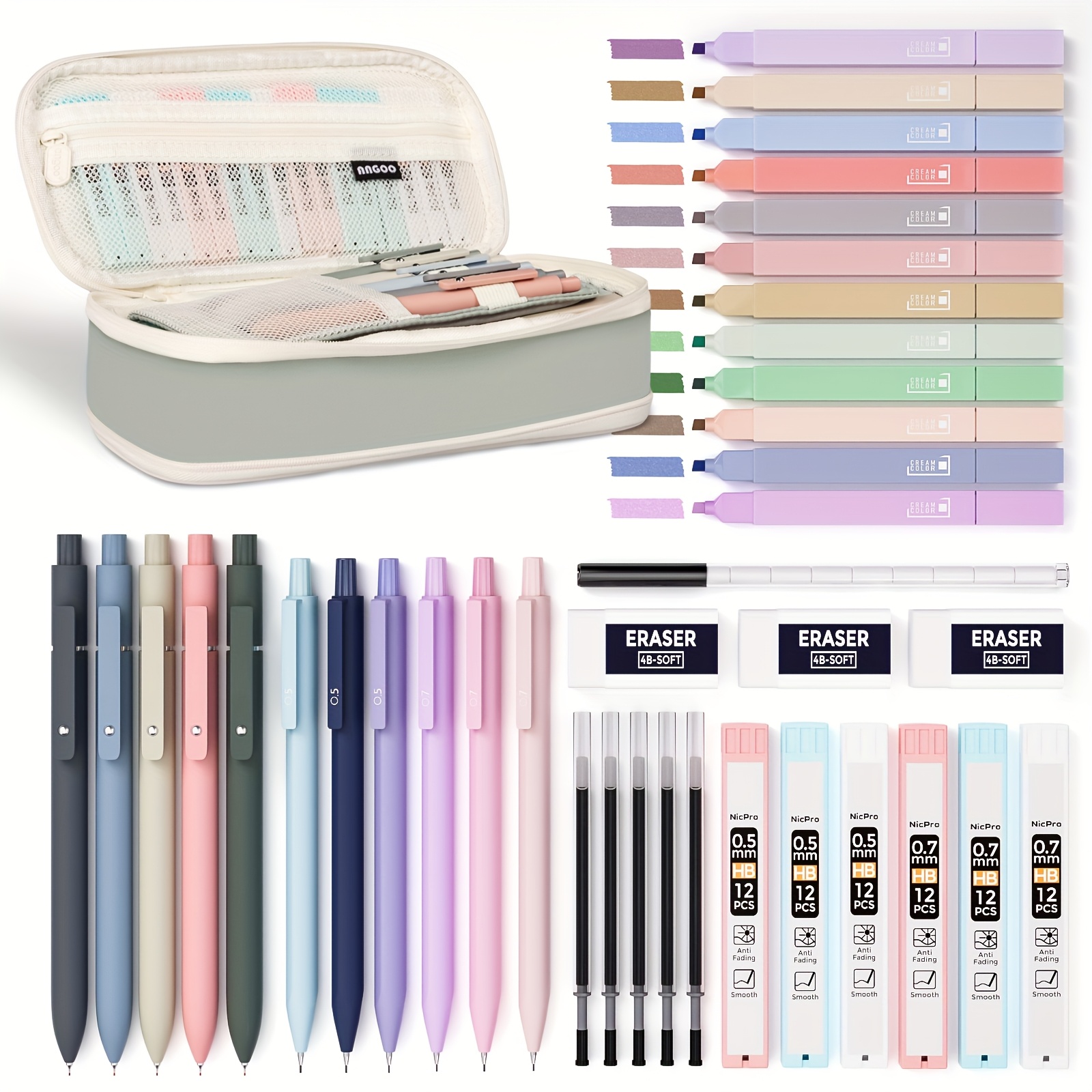 

Nicpro 39 Pcs Aesthetic School Supplies With Big Capacity Pen Case, 12 Highlighters, 5 Quick Dry Retractable Black Ink Pens, 6 Pastel Mechanical Pencil 0.5 & 0.7 Mm For Student Stationary