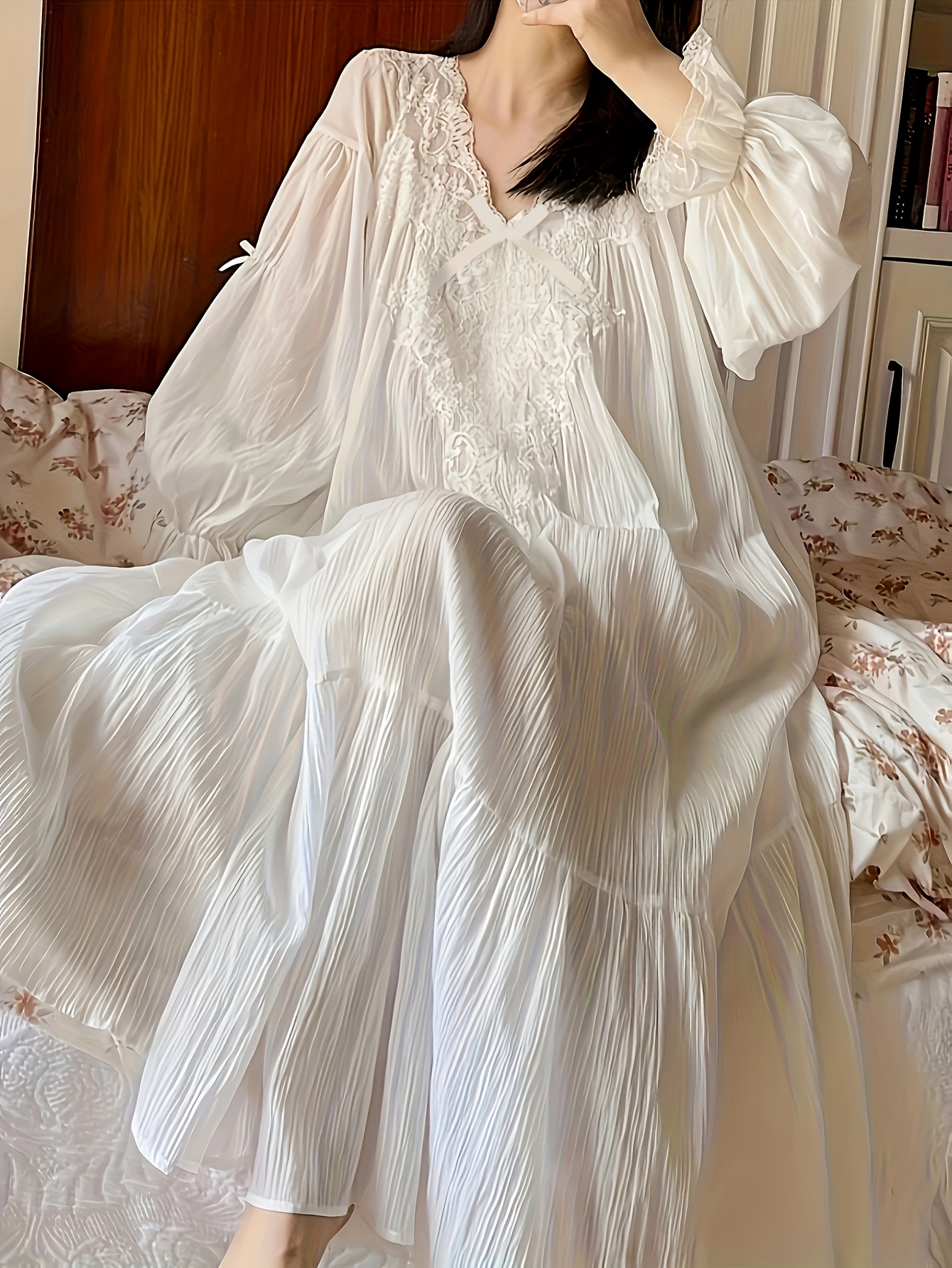 flowy vintage sleep dress plus size womens lace v neck long sleeve INSTOCK-1