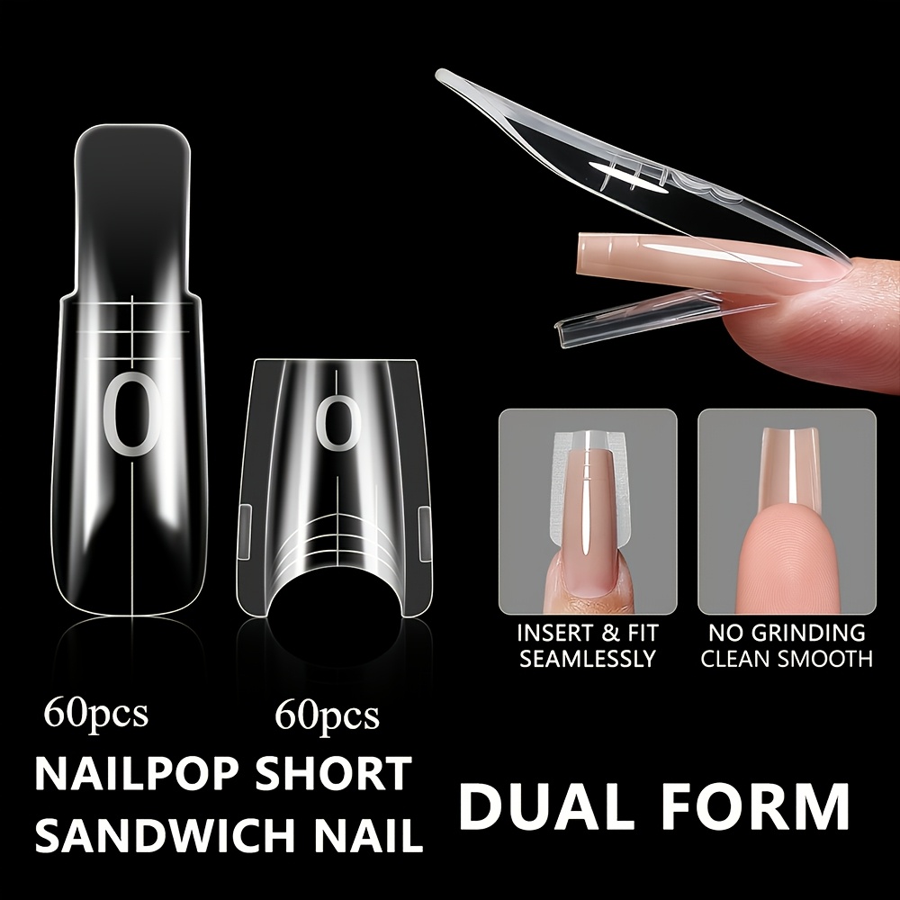 TEMU Nouveaux moules courts ovales et carrés pour ongles sandwich - 120 pièces, pour une extension rapide des ongles, pas besoin de moules en papier,