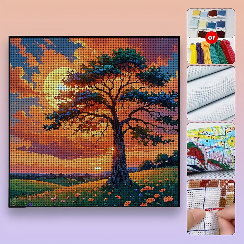 Frameless Stitch Print Kit, Unique Sunset Flower Wild Pattern